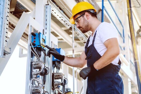 Oil and Gas Insurance - Side View of Worker in Overalls and Yellow Helmet Pressing Button on a Dashboard to Monitor Oil Production in an Oil and Gas Refinery