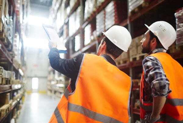 Wholesaler and Distribution Insurance - Revision Managers Discussing Inventory of Goods in a Large Warehouse While Holding a Clipboard and Wearing Safety Vests and Hard Hats